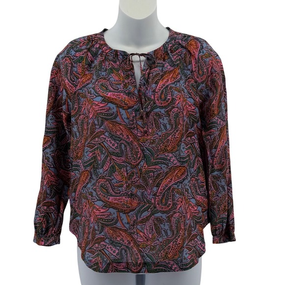 J.Crew Tops - J.Crew Paisley Blouse Womens 0P Petite Pink Blue Split Neck Long Sleeve Top